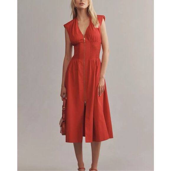 Anthropologie The Tommie Cotton Zip-Front Midi Dress Red Large L NEW - Picture 3 of 3